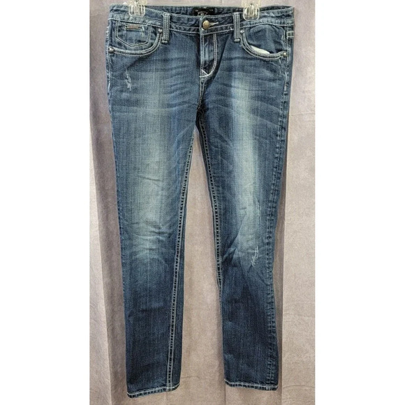 Express Denim - Rerock by Express Blue Skinny Distressed Jeans Women's Size 12R Straight Leg